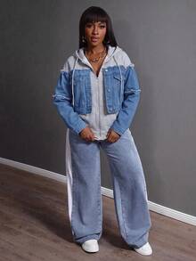 Slaydiva Women's Designer Fashion Patchwork Button Hooded Denim Jacket - Light Wash - View 4