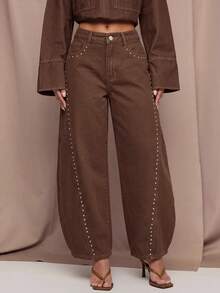 SHEIN BAE Women's Beaded Decor Curved Leg Jeans - Brown - View 3