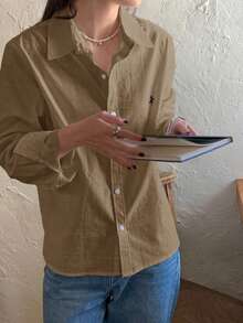 DAZY Casual Versatile Spring/Summer Embroidered Pattern Loose Long Sleeve Collared Women's Shirt Fall - Khaki - View 4