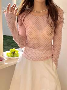 DAZY Atasan Wanita Kasual Jala Leher Bulat Lengan Panjang Motif Polkadot Musim Gugur - Baby Pink - View 10