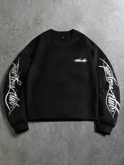 PAVTROS Men's Pullover Crew Neck Sweatshirt, Loose Fit, Sweatshirt Fabric, Black Sweatshirt With Contrast Color Handwritten English Print Design, American Street Casual Sweatshirt, Autumn/Winter Men's Sweatshirt, Suitable For Daily Casual, Weekend Outings, Outdoor Activities, Travel Adventures, Street Photography, Relaxed Work Environment Or Semi-Formal Occasions
