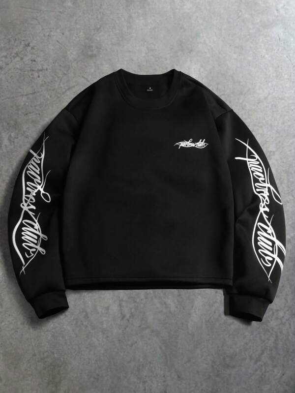 PAVTROS Men's Pullover Crew Neck Sweatshirt, Loose Fit, Sweatshirt Fabric, Black Sweatshirt With Contrast Color Handwritten English Print Design, American Street Casual Sweatshirt, Autumn/Winter Men's Sweatshirt, Suitable For Daily Casual, Weekend Outings, Outdoor Activities, Travel Adventures, Street Photography, Relaxed Work Environment Or Semi-Formal Occasions