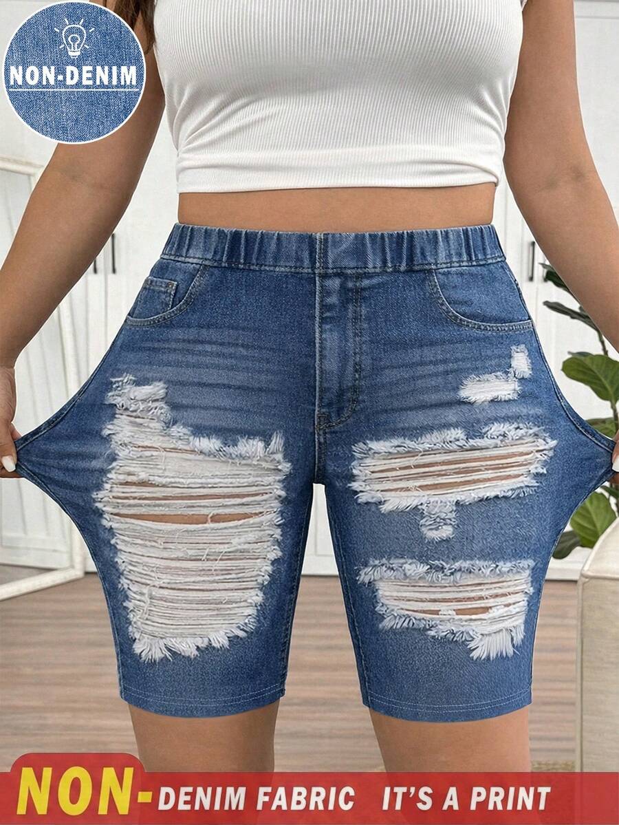 SHEIN Frenchy Mother's Day Plus Size Blue Denim Effect Ripped Pattern Casual Leggings, Suitable For Summer