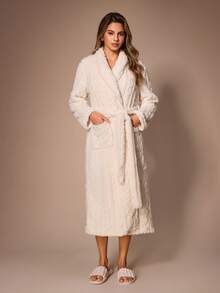 Lazeform Women's Thickened Jacquard Fleece Tie-Front Long Sleeve Lapel Pocket Lounge Robe, Autumn/Winter - Beige - View 5