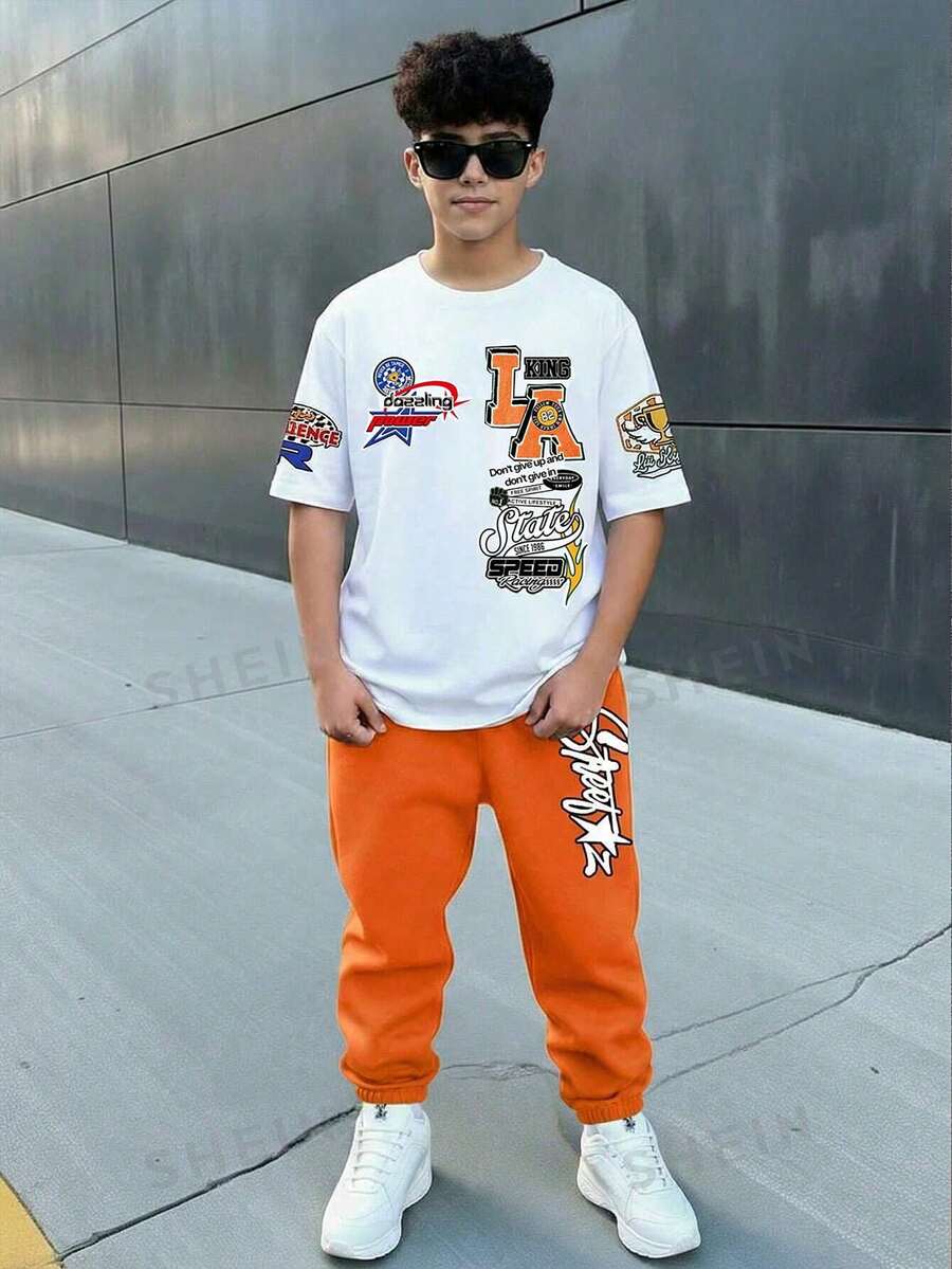 青少年男孩 2 件套:白色,夏季,街頭風,城市度假休閒極簡 Y2K 塗鴉字母印花短袖 T 恤與長褲套裝 - 白色 - 查看 1