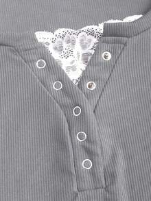 Sweetra 女款秋季半開領鏤空裝飾蕾絲 2 合 1 長袖素色 T-Shirt - 灰色 - 查看 5