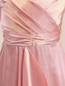 女童優雅夏季灰粉色百褶緞面修身正式禮服，適用晚宴、宴會、婚禮、花童、舞會、畢業典禮 - 粉色 - 查看 3