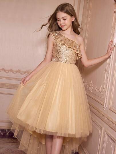 Tween Girl Elegant Glamorous Summer Apricot Sequin Ruffle Slim Fit Formal Dress, Suitable For Evening Party, Banquet, Christmas, Wedding Flower Girl, Prom, Vacation, Graduation, Back To School And Other Occasions