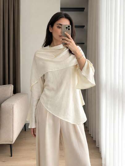 Solavon Women's Versatile Fashion Textured Shawl Style Arabic Outfit White Top