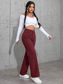 SHEIN ICON 女款時尚優雅鈕扣口袋直筒牛仔褲 - 酒紅色 - 查看 7