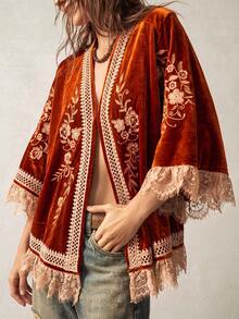 Bohemela Pakaian Luar Wanita Kasual Serbaguna untuk Sehari-hari dengan Motif Bunga dan Renda. - Jeruk - View 1