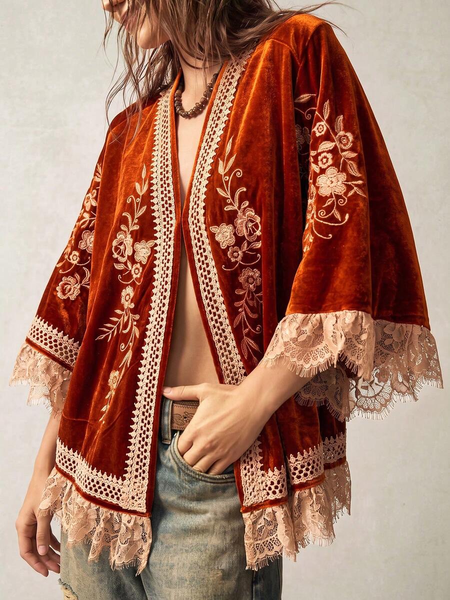 Bohemela Pakaian Luar Wanita Kasual Serbaguna untuk Sehari-hari dengan Motif Bunga dan Renda. - Jeruk - View 1