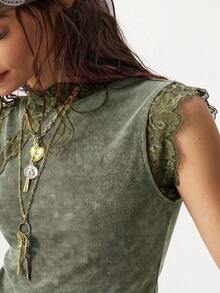 Bohemela Tank Top Rajut Kasual dengan Detail Renda Kontras untuk Wanita - Hijau Tentara - View 8