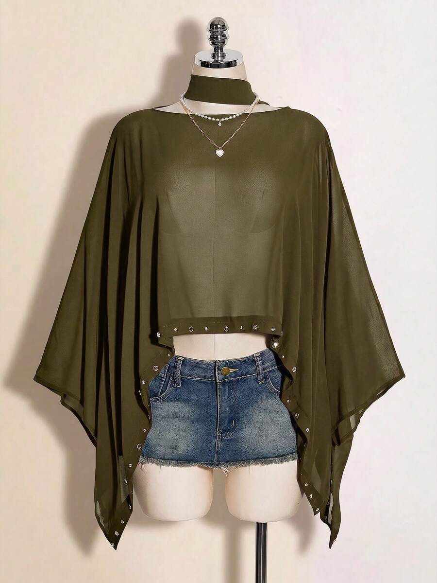 SHEIN ICON 女款鼠尾草綠時尚蝙蝠袖不對稱下擺上衣 - 軍綠色 - 查看 1