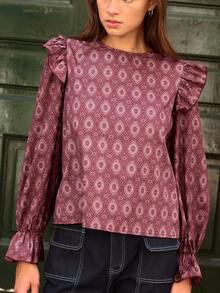 Nöista Red Retro-Print Top, Straight Cut Ruffled, Sweetness. Soft Delicate,Fall/Winter,Elegant,Going Out,Commuting, Versatile Stylish Piece, Top Choice.. - Red - View 7
