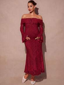 MaterniChic Elegant Maternity Off Shoulder Jacquard Party Dress Fall - Red - View 7