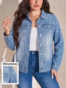 SHEIN LUNE Chaqueta vaquera casual de manga larga con pedrería y abotonadura sencilla para mujer de talla grande - Azul - Ver 9