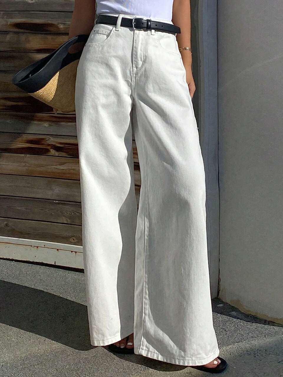 Women's Casual Versatile Solid Color Wide Leg Jeans Fall