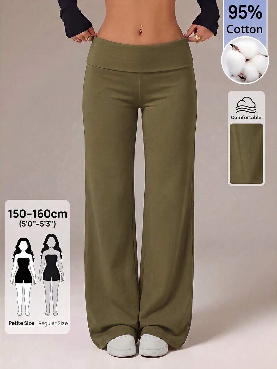 SHEIN PETITE 黑色高腰寬腿寬鬆休閒長褲 - 軍綠色 - 查看 1