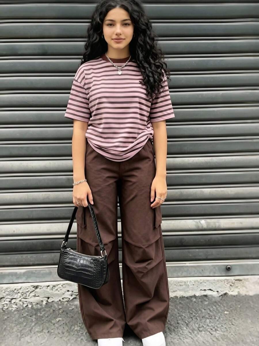 SHEIN Sparklyn 青少年女孩 2件組圓領粉色與棕色拼色橫條紋工裝寬腿褲,夏季,寬鬆,度假,返校,針織 - 棕色 - 查看 1