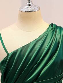 Wedding Season Girls' Premium Satin One-Shoulder Spaghetti Strap Ruffle Hem Fitted Slit Long Dress For Ball, Performance, Birthday Party, Banquet, Evening Gala, All Seasons - Dark Green - View 3
