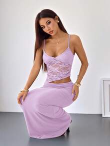 SHEIN PETITE 夏季海灘度假風純色蕾絲性感透視細肩帶長洋裝，適合日常約會、夜晚外出、夜店、派對、聚會、雞尾酒會、泳池派對及開學季；亦可作為度假洋裝、畢業洋裝、伴娘洋裝或簡約性感修身圓領無袖洋裝（適合約會之夜） - 紫丁香色 - 查看 1