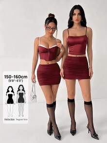 SHEIN PETITE 雙層網紗遮臀裙 - 酒紅色 - 查看 3