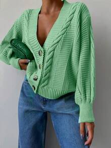 EURMUSE Cable Knit Drop Shoulder Cardigan - Mint Green - View 6