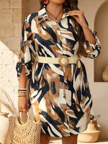 EMERY ROSE Plus Size Women's Floral Print Shirt Collar Long Sleeve Button Front A-Line Midi Dress Casual Brunch Going Out Vacation Formal Blue White Stripe Fall - Multicolor - View 3