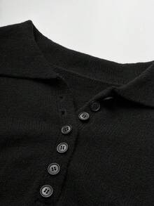 Maweii Plus Size Women's Knitted Dress With Ruffle Hem, Button Front And Turn-Down Collar, Fashionable - Black - View 7