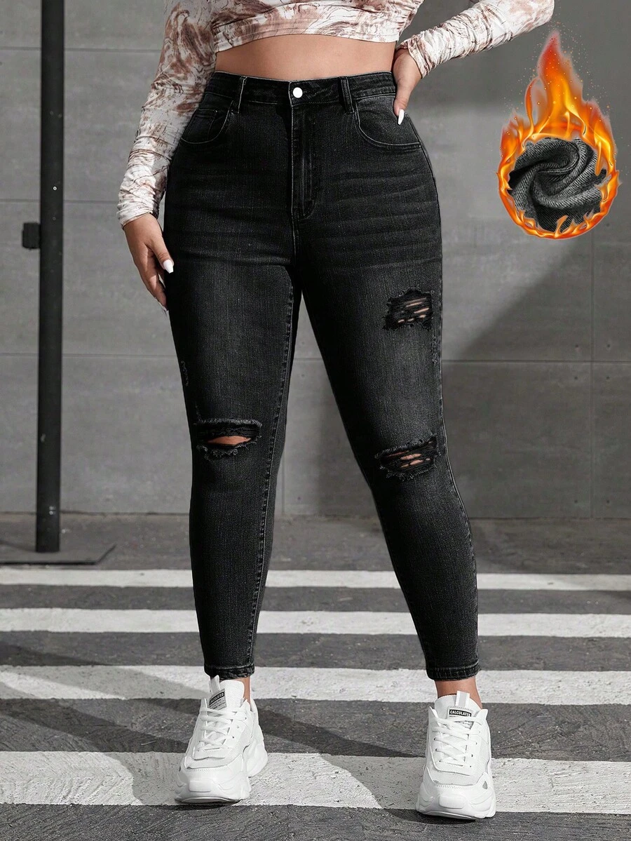 SHEIN EZwear 大尺碼女款高腰口袋磨損修身休閒牛仔褲 - 黑色 - 查看 1