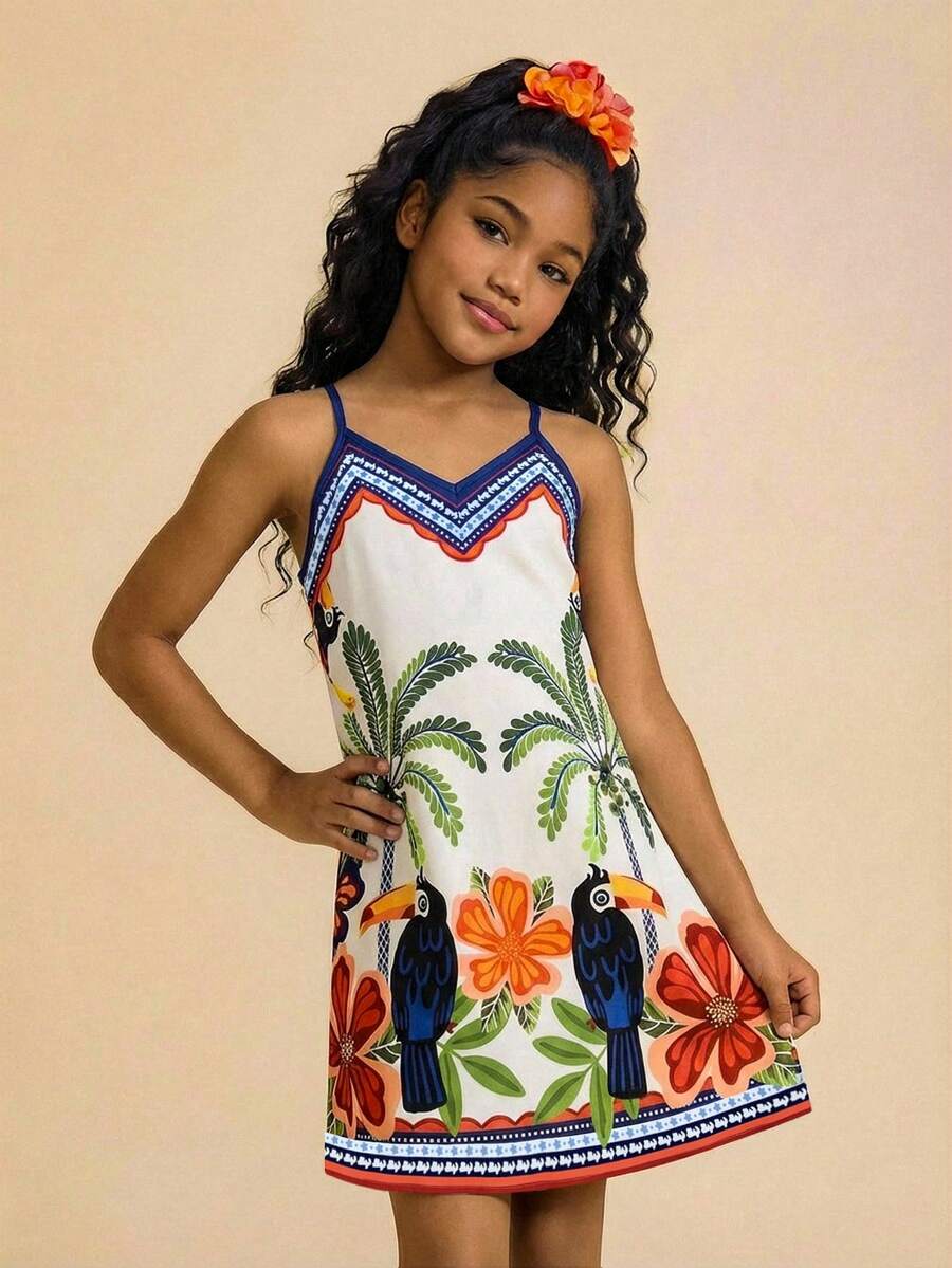 Travachic KIDS Tween女孩夏季度假休閒花卉印花無袖白色熱帶度假夏威夷洋裝,棕櫚樹與扶桑花設計,適合度假與假期 - 彩色 - 查看 1