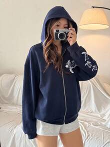 青少年女孩海軍藍休閒運動衫，秋冬外套，極簡寬鬆，女童上學穿搭服飾 - 藏蓝色 - 查看 6