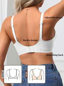 1pc Women's Seamless Wireless Bra, V-Neck Gather Jelly Soft Support Comfortable Solid Color Mesh Hollow-Out Bra With Molded Cup Wedding - White - View 3
