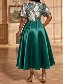 Fleurora Plus Size Elegant Celestial Party Dinner Christening Guest Evening Formal Jacquard Patchwork Dress Teal Summer Wedding - Dark Green - View 2