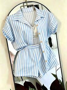 SHEIN Franclia 休閒度假通勤寬鬆條紋襯衫與鬆緊腰寬鬆短褲2件套 - 藍色 - 查看 1