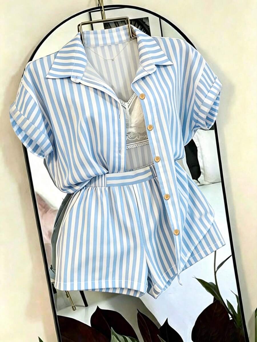 SHEIN Franclia 休閒度假通勤寬鬆條紋襯衫與鬆緊腰寬鬆短褲2件套 - 藍色 - 查看 1