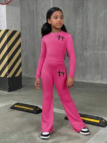 SHEIN Tween Girls Casual Street Style Solid Color Crew Neck Long Sleeve Knit Set - Hot Pink - View 7