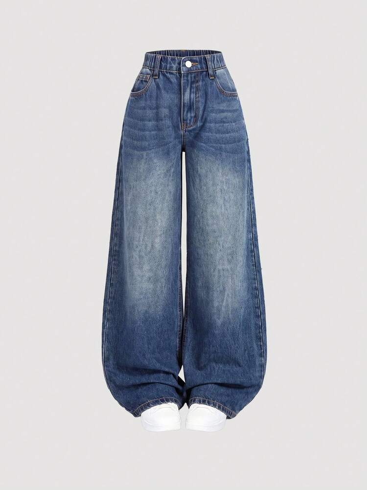 SHEIN Girlism Girls' Deep Blue Loose Denim Long Pants Fall Winter Casual Halloween New Year School - Medium Wash - View 3