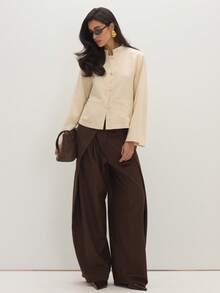 MUSEYN Brown Chocolate Woven Tailored Pleated Detail Suit Trousers Structured Polished Crisp Office Work Fall New Season Capsule Wardrobe - Coffee Brown - View 2