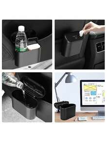 1PC Multifunctional Hanging Car Trash Can With Lid, Waterproof Leakproof Auto Garbage Bin, Dual-Use Storage Organizer For Car Door Cup Holder Office Desktop Small Waste Container, Comes With 2 Rolls Of Small Garbage Bags - Black - View 4