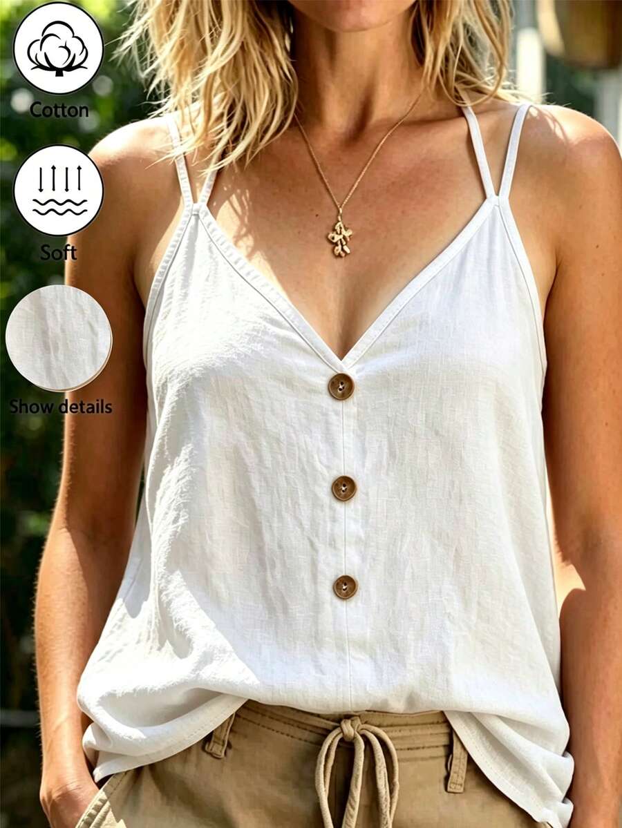 SHEIN LUNE 女士复古棉质V领纽扣细节休闲吊带衫 - 白色 - 查看 1