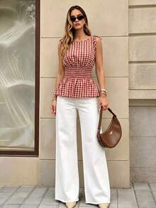 Selenza Fashionable Summer Women's New Red & White Plaid Off-Shoulder Bowknot Waist-Cinching Ruffle Hem Short Tank Top - Red - View 4