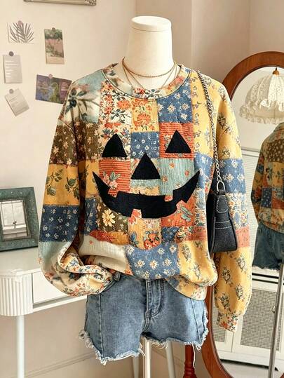 Lalippa Women's Vintage Halloween Crew Neck Sweatshirt, Faux Patchwork Design Autumn Pumpkin Crew Neck Sweatshirt, Autumn Floral Sweatshirt, Halloween Digital All-Over Print Sweatshirt