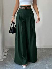 SHEIN Clasi Plus Size Women Dark Green Textured Paperbag Ruffle Elastic Back Waist Pleated Wide Leg Suit Pants Elegant Office Commute Daily Casual Trousers Fall - Blue - View 8