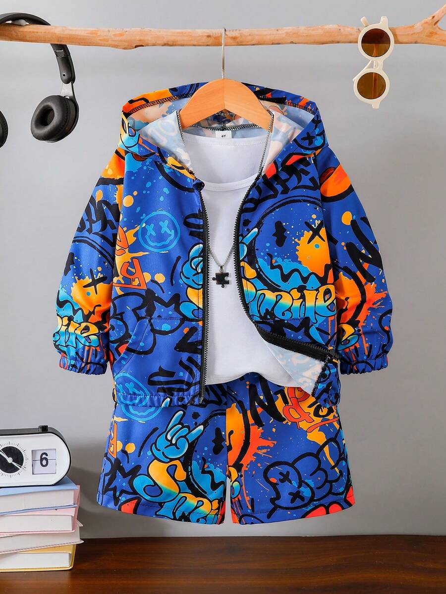 2pcs Young Boy Graffiti Expression All-Over Print Sports Hoodie Jacket And Shorts, Suitable For Daily Wear, School, Sports, Spring, Summer, Autumn - Multicolor - View 1