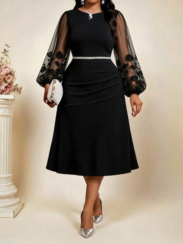 SHEIN Lady فستان حفلة أنيق بمقاسات كبيرة مع تطريز زهري وتصميم شبكي مرقع