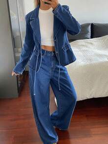 Livesso Lapel Tie Long Sleeve Cinched Waist Denim Blazer With Wide Leg Denim Pants Set Autumn Brunch Blue Casual Streetwear - Blue - View 3