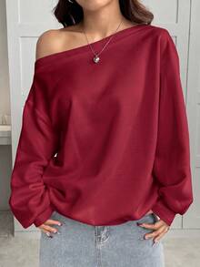 SHEIN EZwear 女款寬鬆不對稱肩領衛衣，內層保暖內裡，酒紅色，秋冬款 - 酒紅色 - 查看 3