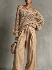 Hotletica Women's Solid Color Drop Shoulder Long Sleeve Hollow Out Loose Sweater - Khaki - View 1